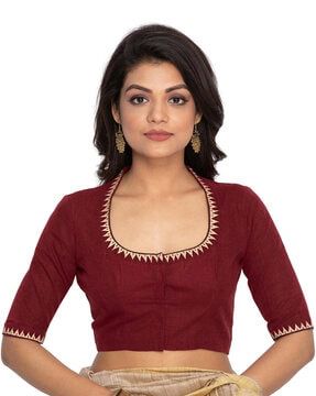 Check out RENE Indian Front Open Blouse on AJIO! Designer Sari, Blouse Designs High Neck, Cotton Blouse Design, New Saree Blouse Designs, Maroon Blouse, Fancy Blouse, Elegant Blouse Designs, High Neck Blouse, Unique Blouse Designs