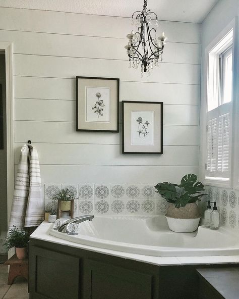 Here is one side of my master bath refresh that is finished! Shiplap, painted and stenciled tile are the big changes here! Didn’t even… | Instagram Corner Tub Decor, Jetted Tub Surround Ideas, Bathtub Decor Tub Surround, Jet Tub Remodel, Master Bath Refresh, Jacuzzi Tub Bathroom Decor, Tile Around Tub, Jacuzzi Tub Bathroom, Stenciled Tile