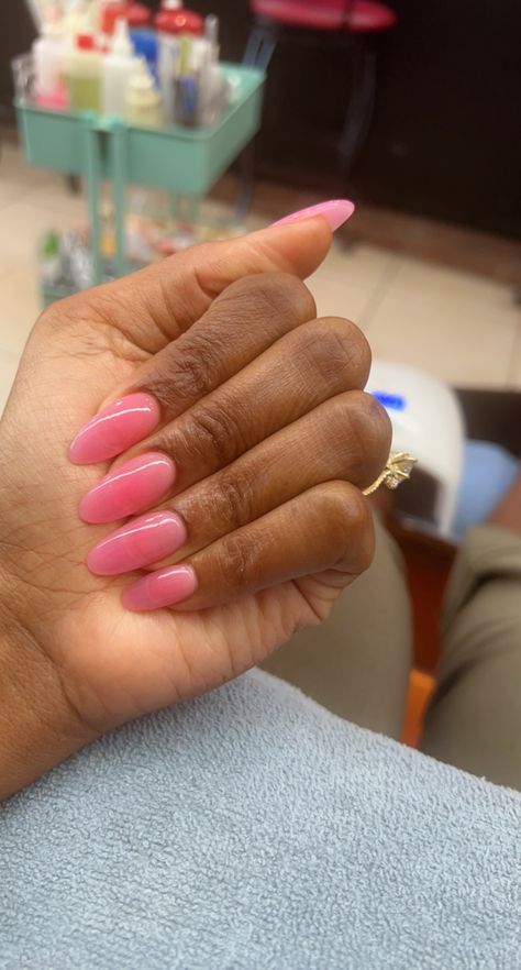 Oval Nails Solid Color, Bubblegum Pink Almond Nails, Bubble Gum Pink Almond Nails, Round Long Nails, Long Round Nails, Pink Oval Nails, Round Shaped Nails, One Color Nails, Short Acrylic