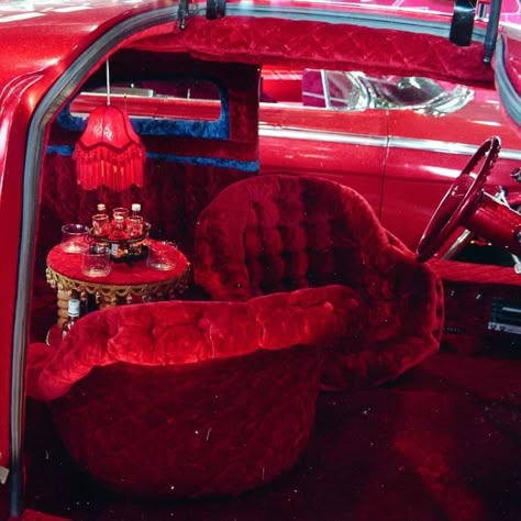 Vintage Cars Interior, Red Velvet Car Interior, Velvet Car Interior, Red Lowrider, Lowrider Interior, Velvet Car, Customized Cars, Lowrider Trucks, Old Vintage Cars