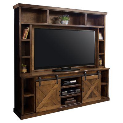 Legends Furniture Farmhouse TV Console with Optional Hutch Farmhouse Tv Console, Farmhouse Entertainment Center, Aged Whiskey, Diy Entertainment, Farmhouse Doors, Entertainment Wall, Solid Wood Tv Stand, Living Room Entertainment, Diy Entertainment Center