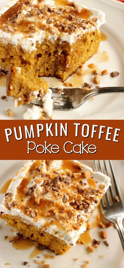 Pumpkin Toffee Poke Cake - Diary of A Recipe Collector Toffee Poke Cake, Pumpkin Toffee, Easy Pumpkin Recipes Desserts, Bakery Pastries, Pumpkin Poke Cake, Daisy Fields, Easy Pumpkin Dessert, Savory Pumpkin, Homemade Snickers