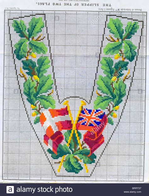 Download this stock image: Design in Berlin Wool-work titled Slipper of the Two Flags to celebrate the wedding of Edward and Princess Alexandra - BRRT37 from Alamy's library of millions of high resolution stock photos, illustrations and vectors. Embroidery Slippers, Pola Kristik, Pola Sulam, Mini Cross Stitch, Needlepoint Designs, Slippers Pattern, Needlework Patterns, Cross Stitch Borders, Vintage Cross Stitches