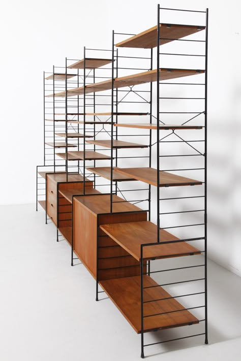 @minimalistgigi Free Standing Shelving Ideas, Free Standing Storage, Shelf System Wall, Standing Shelf, String Shelving, Mid Century Bookcase, String Shelf, Free Standing Shelves, Vintage Furniture Design