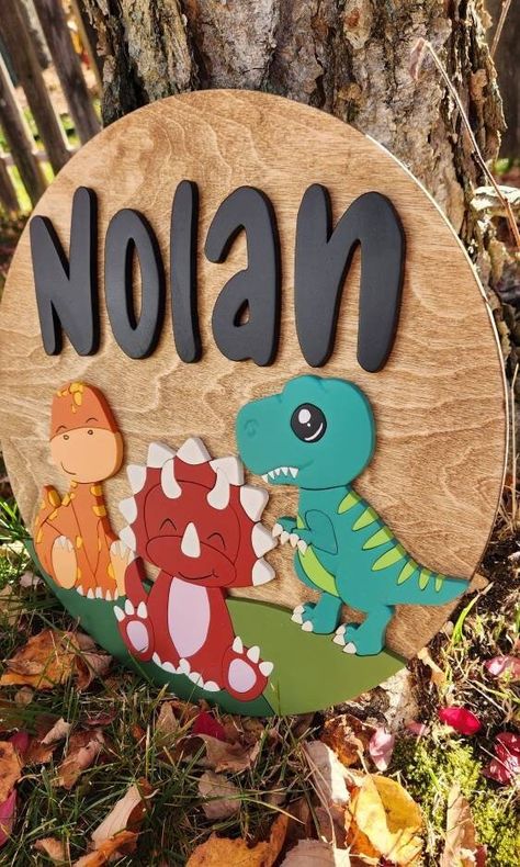 Boy Nursery Name Sign, Dinosaur Name Sign, Hospital Door Hanger Boy, Dinosaur Sign, Dinosaur Name, Laser Cut Wood Crafts, Laser Engraved Gifts, Crochet Coaster Pattern, Dinosaur Nursery