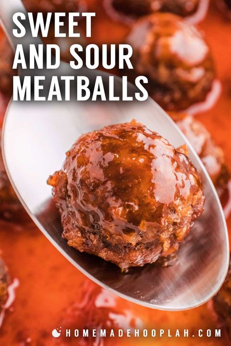 Sweet and Sour Meatballs! Sweet and sour meatballs made with your choice of meatballs and a sauce of brown sugar, ketchup, white vinegar, Worcestershire sauce, and spicy brown mustard. | HomemadeHooplah.com Meatball Sauce Recipes Sweet And Sour, Sweet And Sour Sauce For Meatballs, Sweet And Sour Meatballs Crockpot, Meatballs Sweet And Sour, Sour Meat, Meatballs Sauce Recipe, Sweet Sour Meatballs, Sweet Meatballs, Glazed Meatballs