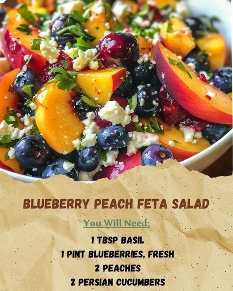 Stir The Pot Recipe Group & More | Blueberry Peach Feta Salad | Facebook Peach Feta Salad, Blueberry Salad, Peach Blueberry, Persian Cucumber, Summer Cooking, Summer Dishes, Feta Salad, Blueberries, Peaches