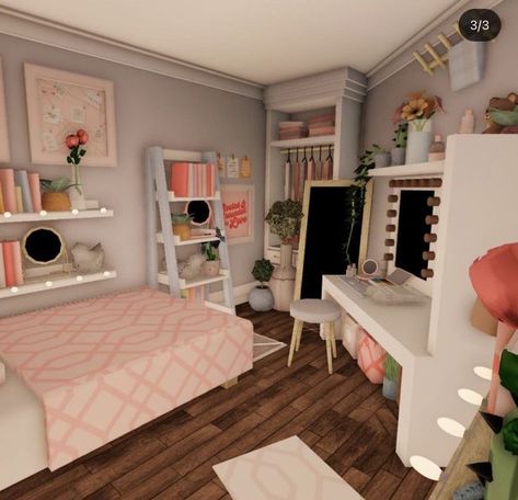 Bloxburg House Ideas No Gamepasses Blush, Aesthetic Room Bloxburg, Bloxburg Blush Bedroom Ideas, Bloxburg Makeup Desk Ideas, Bloxburg Bedroom Inspo Aesthetic, Club Roblox House Ideas Aesthetic Bedroom, Teen Room Bloxburg Ideas, Bloxburg Small Space Ideas, Bloxburg Blush Bedroom