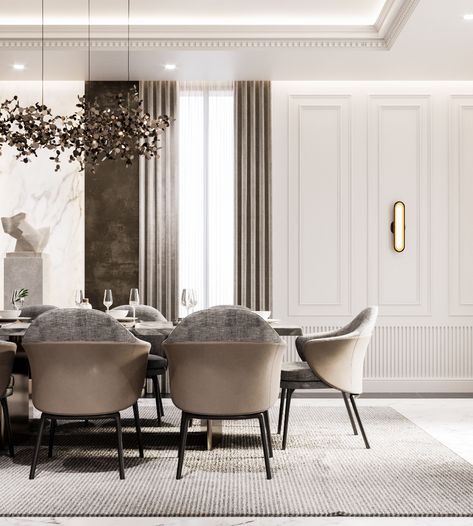 Dining Room, Saudi Arabia on Behance Neoclassic Interior, Neoclassical Interior Design, Dining Room Design Luxury, Boho Dining Room, Modern Apartment Design, Dining Interior, Classic Dining Room, Neoclassical Interior, Interior Design Dining Room