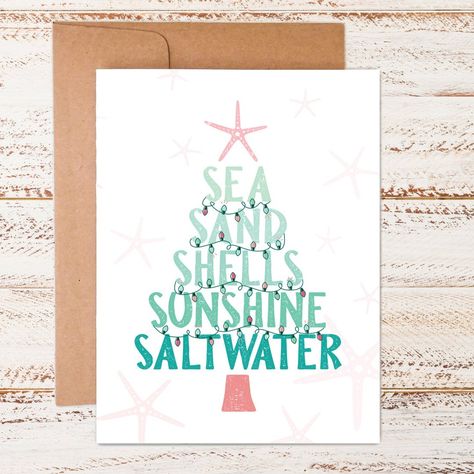 Dreaming of Christmas at the beach? This card is perfect for anyone that prefer sand over snow. Each Card Comes With A Matching Sticker! #sunshineandsaltwater #sandoversnow #beachyChristmas Snowman On The Beach, Tropical Christmas Card, Beachy Christmas Cards, Beach Christmas Cards, Nautical Christmas Cards, Beach Holiday Card, Crab Ideas, Tropical Christmas Cards, Nature Crafting