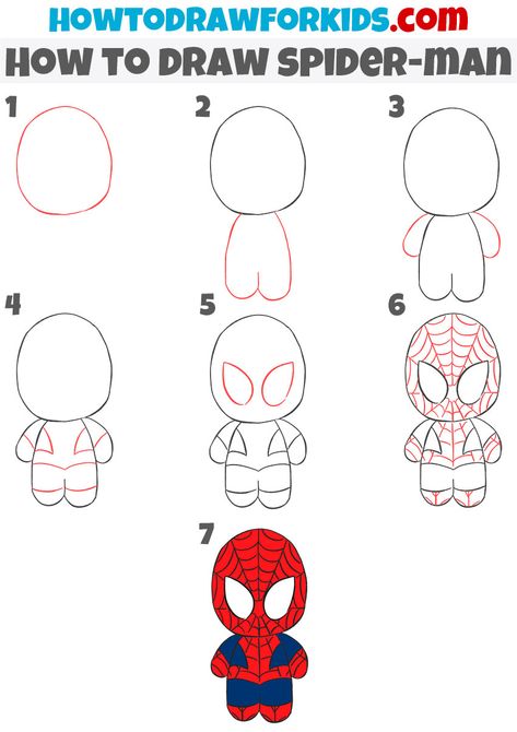 Spider Man Simple Drawing, How To Draw Spiderman, Draw Spider, Trin For Trin Tegning, Easy Disney Drawings, Spiderman Drawing, Drawing Lessons For Kids, 얼굴 드로잉, Easy Drawings For Kids