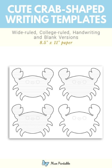 Free printable cute crab shaped writing templates. This PDF download includes wide ruled, narrow ruled, handwriting, and blank versions. Download the templates at https://museprintables.com/download/writing-template/cute-crab-shaped/ Crab Template, Writing Paper Template, Handwriting Lines, Numbers Printable, Writing Template, Lined Writing Paper, Easter Templates, Printable Cute, Printable Numbers