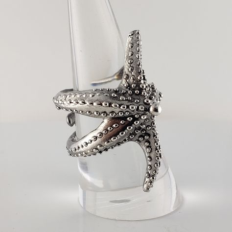 "Sterling Silver Starfish Ring - Adjustable (please see note below) All Jewelry Ships Free USPS Priority Mail 1-3 Days once completed. The Starfish has 5 legs, two creating an \"S\" shape on the top of the finger and the other three legs curl under your finger. This is an extremely comfortable ring and it's adjustable. I enjoy sculpting details in my rings and this little guy has a lot of detail! I just love the way he curls around your finger...it's just so natural. Material: Sterling Silver Si Trip Moodboard, Starfish Ring, Time Aesthetic, Ocean Ring, Mermaid Vibes, Animal Science, Sea Star, Star Ring, Fancy Jewelry