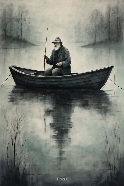 Old man fishing Fisherman Drawing, Old Man Fishing, Fisherman Painting, Character Pose References, Perspective Landscape, Men's Rowing, Atmospheric Perspective, Man Fishing, Old Fisherman