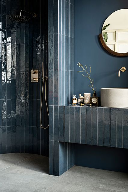 Series - Douglas & Jones Dark Blue Bathrooms, Blue Bathrooms Designs, Bathroom Design Inspiration, Interior Bathroom, Bad Design, Bathroom Inspiration Decor, Blue Bathroom, Downstairs Bathroom, Blue Tiles