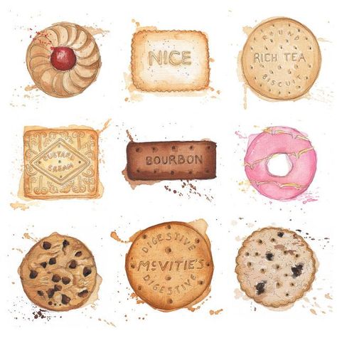 Georgina Luck, Luck Illustration, British Biscuits, Candy Drawing, Custard Cream, Food Artists, Desain Quilling, Food Sketch, Watercolor Food