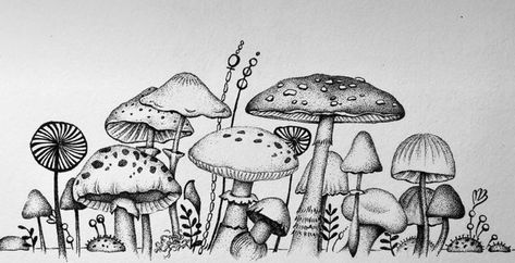 Mushroom Scene Tattoo, Amanita Mushroom Tattoo, Mushroom Drawing Colorful, Doodle Mushroom, Drawing Dots, Mushroom Scene, Mushroom Drawings, Today Tattoo, Drawing Colorful