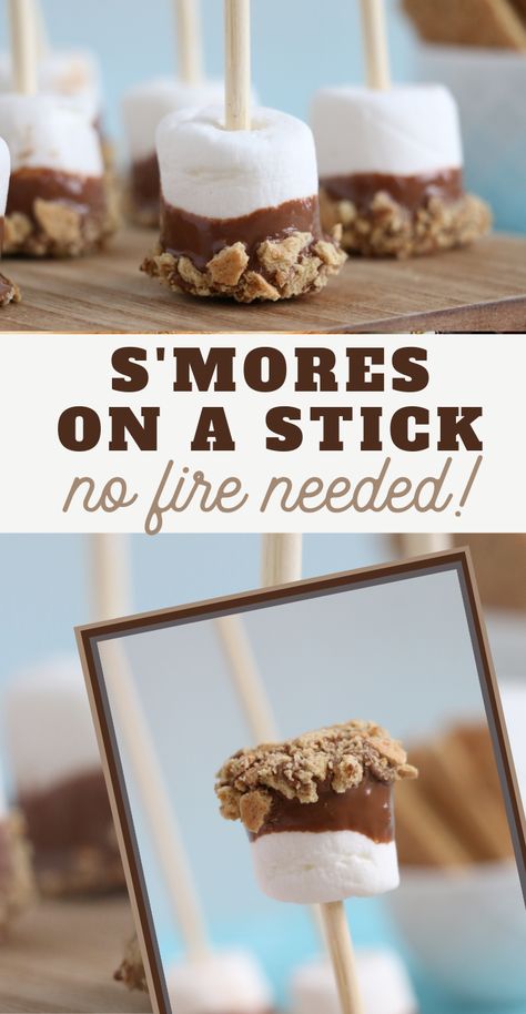 These No Fire Needed Smores Pops are such a simple and tasty dessert. With just three ingredients, there's no reason you can't make them now! #smoresdessert #easysmoresdessert #smores #3boysandadog No Fire Smores, Smores Kabobs, Make Ahead Smores, Vbs Dessert Ideas, Premade Smores, S’mores Pops, Smores Without Fire, S’mores On A Stick, Camping Theme Desserts