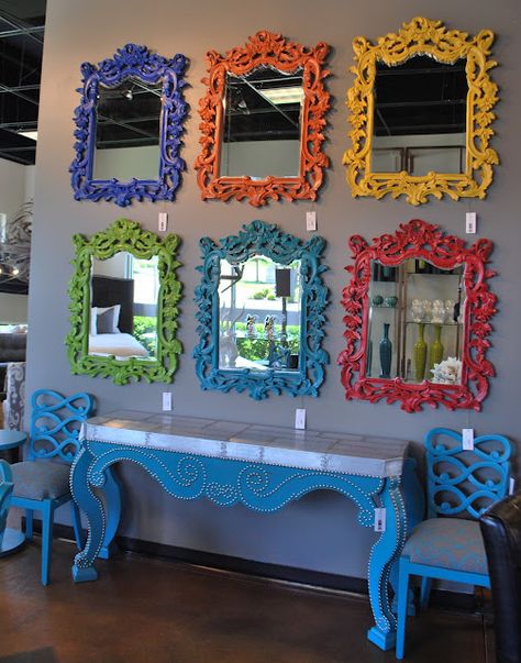 Colorful Mirror Frame, Painted Mirror Frames, Red Photos, Colorful Mirror, Baroque Mirror, Ultimate Backyard, Colorful Frames, Maximalist Decor, Rainbow Decorations