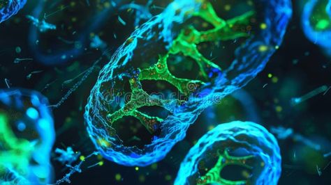 A fluorescent microscopy image of cells with the DNA stained in bright green and the tail in blue stock image Fluorescent Microscopy, Fluorescence Microscopy, Vector People, Bright Green, Stock Images, Stain, Green, Blue