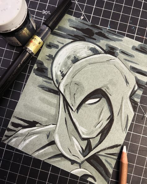 Winding down on Sunday evening with one of my favorite characters - Moon Knight 🌙 liner pen, ink brush, gray tone markers, and white charcoal pencil 🎨 . . .dont mind the bad tangent 😂 #moonknight #art #drawing #marvel #comicart #marvelart #inkart #comicbooks #humanart #comics #fyp #artistsoninstagram Moon Knight Painting, Moon Knight Dibujo, Moon Knight Drawing, Moon Knight Sketch, Moon Knight Art, Marvel Drawings Pencil, Sketch Pen Art, Concept Art Sketches, Marvel Sketches