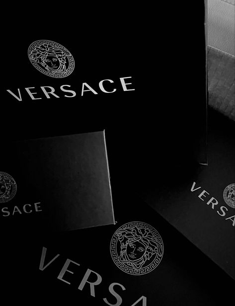 Rich Aesthetic Shopping, Versace Black And White Aesthetic, Rich Brands Aesthetic, Famous Brands Aesthetic, Luxury Designer Aesthetic, Versace Gift Box Aesthetic, Black Aesthetic Brands, Versace Astethic, Luxury Brand Ambassador Aesthetic