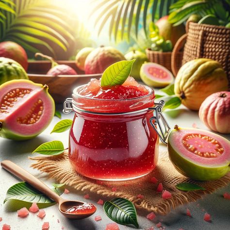 Cooking up Joy - Made with love: Guava Glory Jam Guava Aesthetic, Guava Jam Desserts, Strawberry Guava Jam, Guava Jam Recipe, Guava Fruit Aesthetic, Guava Pictures, Guava Simple Syrup, Tropical Snacks, Guava Jam