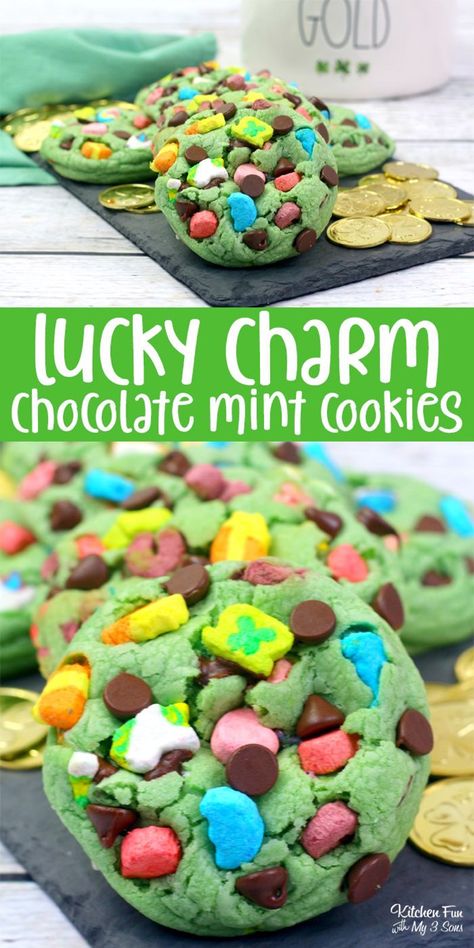 St Patricks Desserts, Lucky Charms Cookies, St Patricks Food, St Patrick Day Snacks, Lucky Charms Treats, Healthier Baking, Mint And Chocolate, St Patrick's Day Cookies, Mint Chocolate Chip Cookies