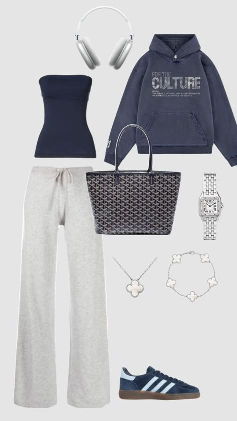 fall-outfit-school-college-teen-stockholm-grey-sweatpants-blue-top-for-the-culture-sweatshirt-adidas-gasele-blue-sneakers-cartier-silver-watches-goyard-tote-bag, back to school outfit, outfits for school, school teen outfit, teen school outfit, trendy fall outfits, sweatpants outfit, sweatshirt, jeans, sweater, shoes, outfit inspo fall, outfit inspirations, business casual outfits, business casual outfits for women, fall outfits women, fall fashion Prague Outfit, Winter Baskets, Vinter Mode Outfits, Girly Fits, Look Adidas, Looks Pinterest, Skandinavian Fashion, Outfit Inspo Casual, Cute Lazy Day Outfits