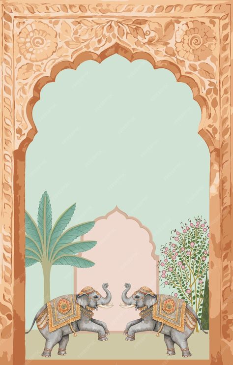 Traditional Mughal elephants in a garden with decorative arch frame | Premium AI-generated vector Mughal Garden Illustration, Mughal Architecture Illustrations, Engagement Couple Dress, Arch Illustration, Mughal Garden, Decorative Arch, Engagement Backdrop, Traditional Background, Hair Pins Diy