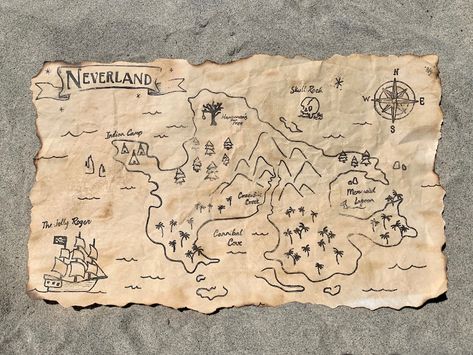 Neverland Map Centerpiece/ Peter Pan Map Centerpiece - Etsy Map Of Neverland, Neverland Decorations Diy, Peter Pan Centerpieces, Neverland Decorations, Never Land Aesthetic, Peter Pan Party Decorations, Peter Pan Map, Peter Pan Bedroom, Neverland Map