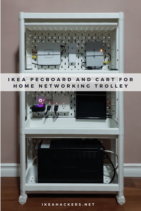 IKEA pegboard and cart make home networking a thing of beauty. Combine the VESKEN cart and SKADIS pegboard to make a portable home network trolley. Ikea Skådis Hallway, Ikea Pegboard Desk Setup, Vesken Cart Ikea Ideas, Ikea Vesken Ideas, Ikea Vesken Hack, Vesken Ikea, Ikea Skadis Pegboard Ideas, Ubiquiti Home Network, Skadis Ikea Ideas