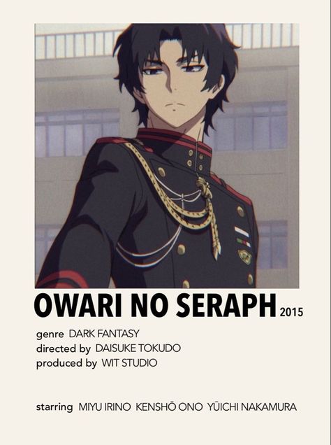 Seraph Of The End Poster, Anime Series List, Seraph Of The End Anime, Anime Watchlist, Anime Recs, Posters Anime, List Anime, Minimal Room, Anime Name