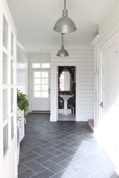 Mudroom Design - White Walls and Gray Tile Floor - Studio McGee Mudroom Tile, Mudroom Floor, Grey Cupboards, Large Tiles, Kitchen Stone, Laundry Floor, Entryway Tile, Bathroom Floor Tile, Slate Floor