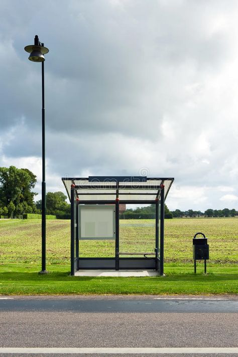 Empty Bus Stop. A bus stop is depicted standing in front of a field. Dark clouds , #AD, #depicted, #stop, #front, #standing, #Bus #ad Space Lamp, Loud House Sisters, Bus Stop Design, Bus Shelters, Bus Stand, Movie Shots, Photo Corners, Wayfinding Signage, Bus Station