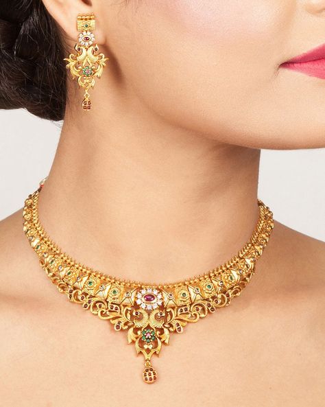 Necklace Sets Shopping | Buy Indian Necklace Sets Online - Tarinika Page 8 Antique Necklace Set, Gold Necklace Indian, Necklace Set Indian, Gold Jewelry Simple Necklace, Gold Necklace Indian Bridal Jewelry, Gold Pendant Jewelry, Bridal Fashion Jewelry, Gold Fashion Necklace, Gold Jewelry Necklace