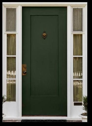 Deep Green Front Door Colors, Olive Door Color, Dark Green Front Door White House, Green Indoor Doors, Army Green Front Door, Forest Green Door, 50s Front Door, Olive Green Front Door White House, White Brick House Green Door