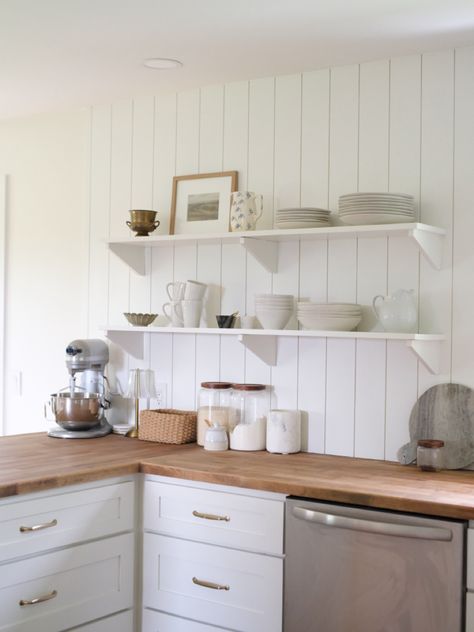 Vertical Shiplap Kitchen, Vertical Shiplap Backsplash, White Open Shelves, Kitchen With Open Shelves, White Kitchen Shelves, Cottage Farmhouse Kitchen, Kitchen With Open Shelving, Vertical Shiplap, Shiplap Kitchen