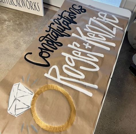 Brown Paper Signs Diy, Brown Paper Engagement Banner, Bachelorette Party Signs Diy, Engagement Party Brown Paper Sign, Bachelorette Banner Diy, Engagement Banner Painted, Brown Paper Banner Bachelorette, Wedding Shower Banner, Brown Paper Sign Party Ideas