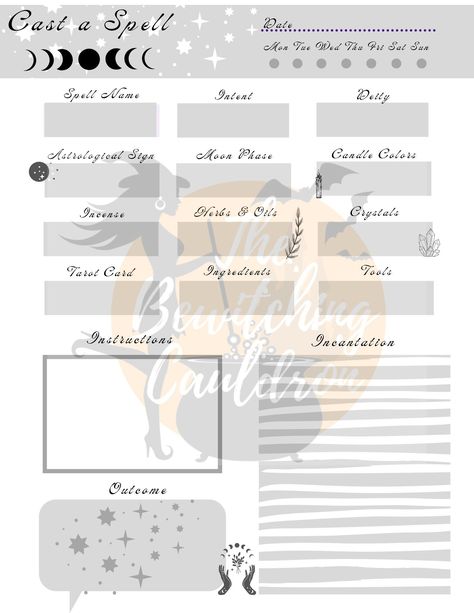 Printable Spell Worksheet for Your Book of Sh Spell Correspondences, Spell Worksheet, Spell Template, Event Organizer Planners, Spell Book Printable, Book Of Shadows Pdf, Blank Book Of Shadows, Wicca Recipes, Wedding Organizer Planner