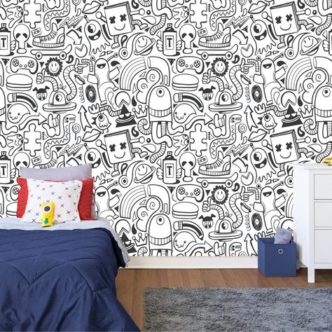 Soccer Kids Room, Doodle Art Wall, Doodle Mural, Doodle Wallpaper, Abstract Mural, Doodle Wall, White Doodle, Transformers Design, Children's Bedrooms