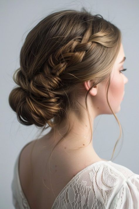 Low Bun With Side Braid, Bridal Hair Low Bun Braid, High Class Hairstyle, Wedding Classic Hairstyles, Low Bun With Braid Hairstyles, Royal Princess Hairstyles Aesthetic, Wedding Bun With Braid, Low Bridesmaid Bun, Low Bun Dance Recital Hair