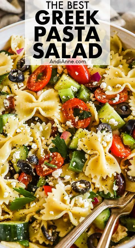 This easy greek pasta salad recipe is made with bowtie pasta, crumbled feta cheese and easy chopped vegetables like tomatoes, cucumber, and bell pepper. All tossed together with crumbled feta cheese and greek salad dressing. It's a cold pasta salad recipe perfect for serving at your next gathering. Bowtie Pasta Salad, Summer Pasta Salad Recipes, Greek Pasta Salad Recipe, Feta Pasta Salad, Tomato Pasta Salad, Greek Pasta Salad, Cold Pasta Salad Recipes, Greek Salad Dressing, Motherhood Tips