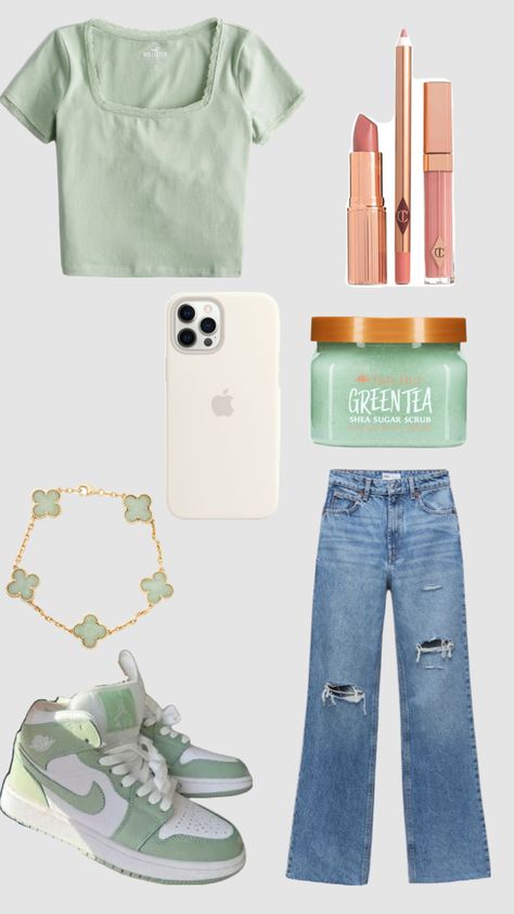 Color Themed Outfits, Air Jordans Green, Sage Green Outfit, Green Shoes Outfit, Charlotte Tillbury, Preppy Fall Outfits, Casual Preppy Outfits, Lip Set, Trendy Outfits For Teens