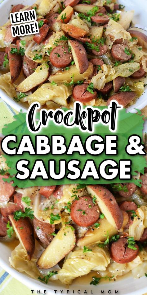 Crockpot cabbage and sausage is the best dinner or lunch that kids and adults alike will enjoy. This healthy meal is made with only a few simple ingredients that make this dish so tasty. Easy cabbage and sausage in the slow cooker is the best dinner that everyone will love. Try this easy recipe today! Cabbage Carrots Potatoes Sausage, Crockpot Cabbage Sausage And Potatoes, Sausage Potato Cabbage Crockpot, Crock Pot Cabbage And Sausage, Cabbage And Kielbasa Crockpot, Keibasa Sausage And Potatoes Crockpot, Cabbage Potatoes And Sausage Crockpot, Crockpot Cabbage And Potatoes, Slow Cooker Kielbasa And Potatoes