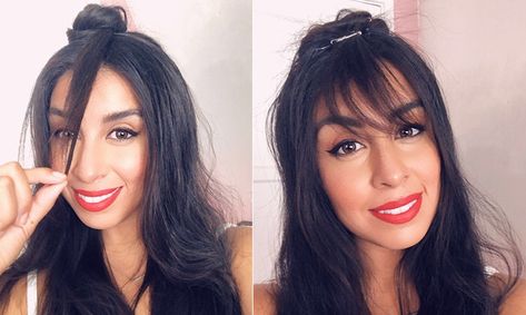 How To Fake Bangs With Long Hair If Commitment Isn't Your Forte Bangs With Long Hair, Celeb Makeup, Faux Bangs, Fake Bangs, Glitter Eye Makeup, Glitter Eye, Haircut For Older Women, Trendy Haircuts, Eye Makeup Tips