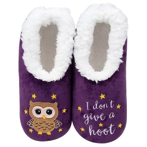 Snoozies - Not socks, not slippers - something in-between... that's why we call them 'foot-coverings Soft, warm and fluffy machine washable Fleece Slippers, Slippers Socks, Purple Owl, Owl Theme, Hoot Owl, Creature Comforts, Owl Design, Fur Fabrics, White Faux Fur