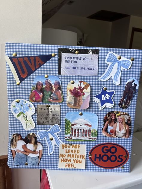 Gingham fabric cork board decor, uva alpha phi Cork Board Dorm Room, Blue And White Bulletin Board Ideas, Diy Fabric Cork Board, Fabric Bulletin Board Ideas, Scrapbook Cork Board, Blue Bulletin Board Ideas, Alpha Phi Aesthetic, Big Cork Board, Birthday Board Ideas For Work