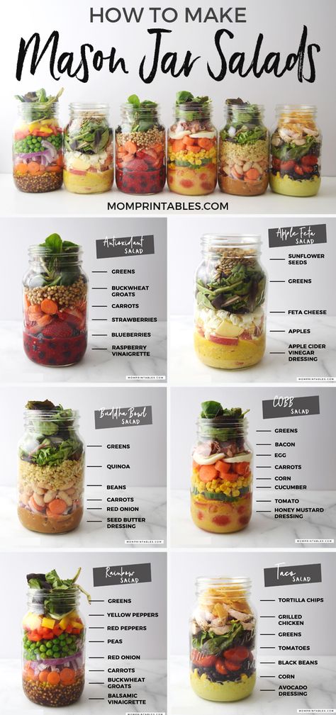 Jar Salad Recipes, Mason Jar Salads, Makanan Rendah Kalori, Salad Jar Recipe, Jar Salads, Jar Salad, Mason Jar Salad Recipes, Jar Recipes, Resep Salad