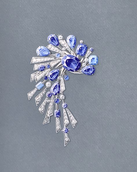 Sapphire Drawing, Sapphire Brooch, Competition Jewelry, Jewel Drawing, Gem Drawing, Ethereal Jewelry, Jewelry Rendering, Bijoux Art Nouveau, Art Jewelry Design